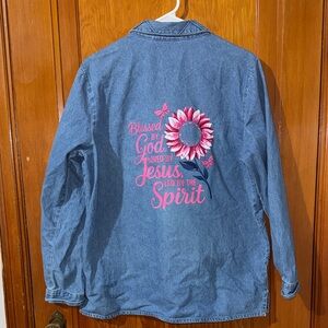 Denim &CO Blue Jean Jacket with Pink Embroidery